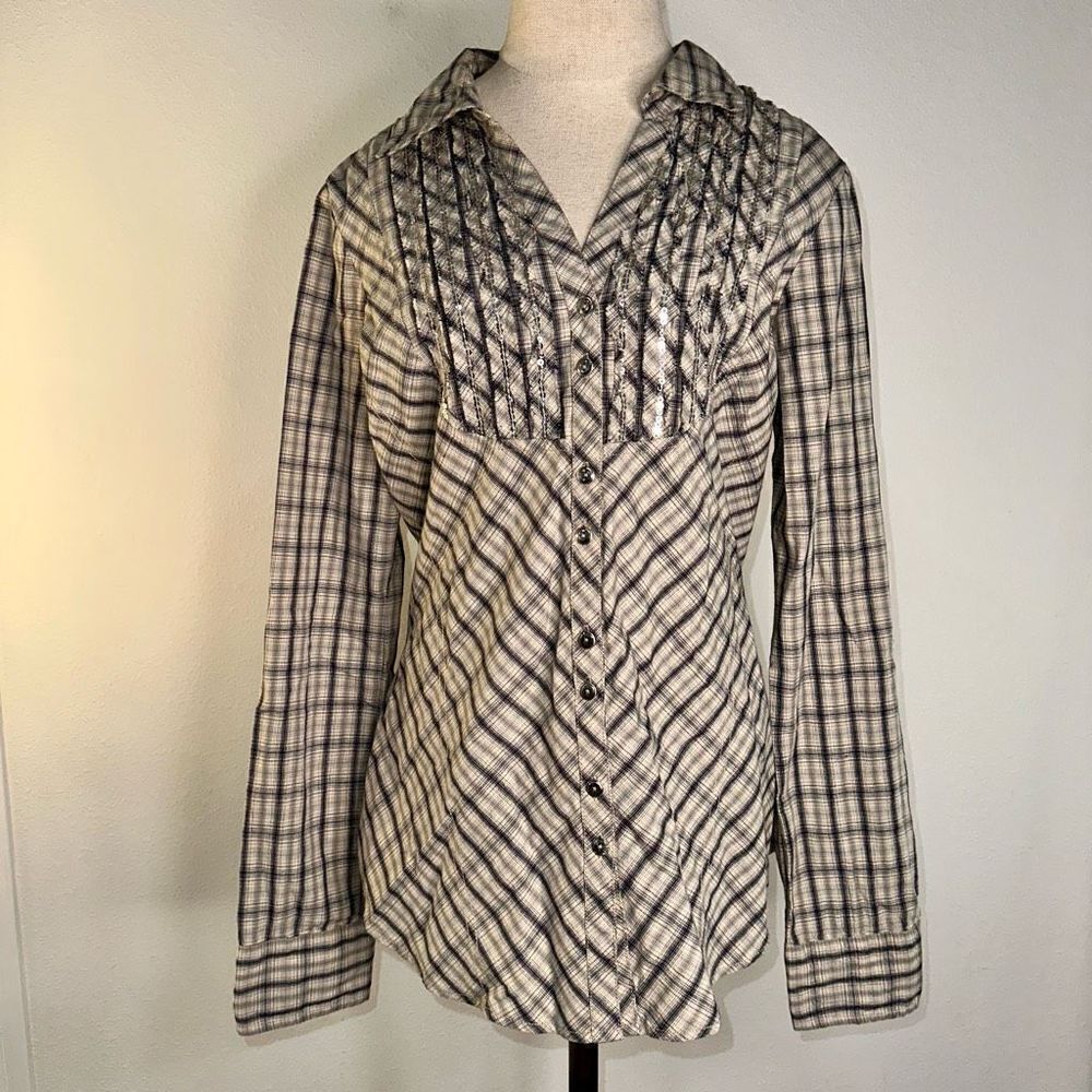 BKE Womens‎ Cream Blue Plaid Button Front Longsleeve Flannel Top Western Sequins